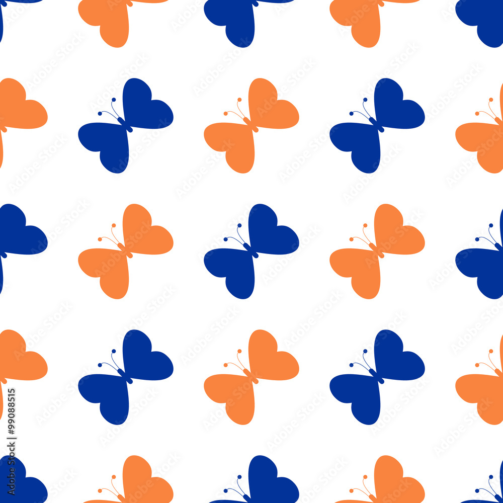 Seamless vector pattern with insects, symmetrical background with blue and red butterflies on the white backdrop Seamless vector pattern with insects, symmetrical background with blue and red butterflies on the white backdrop