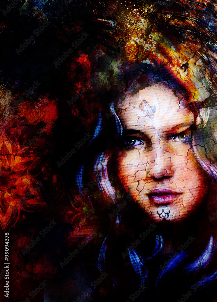 painting mighty lion head on ornamental background and mystic woman face, computer collage. painting mighty lion head on ornamental background and mystic woman face, computer collage.