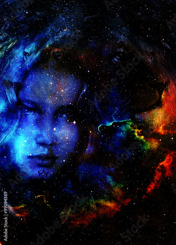 Goodnes woman and lion in space with galaxi and stars. profile portrait  eye contact.