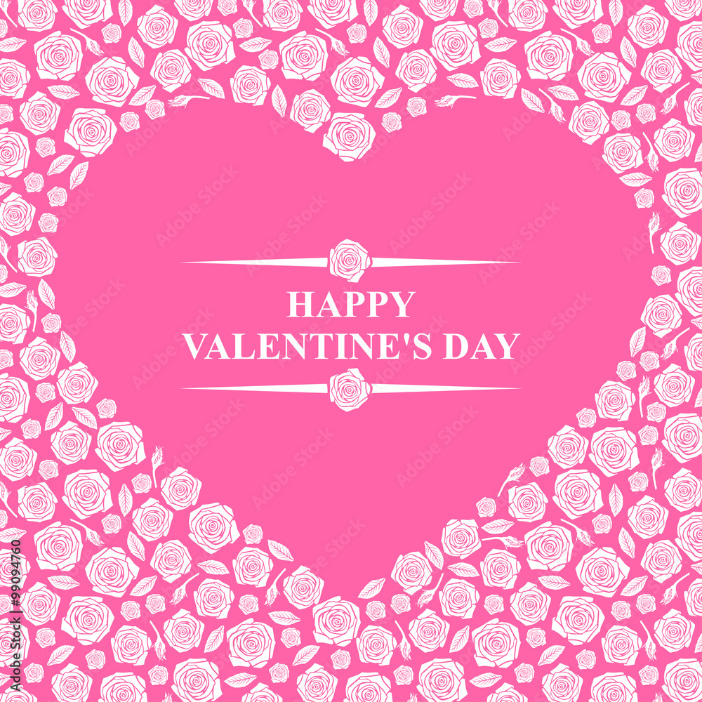 Valentines day card with hearts on pink roses background