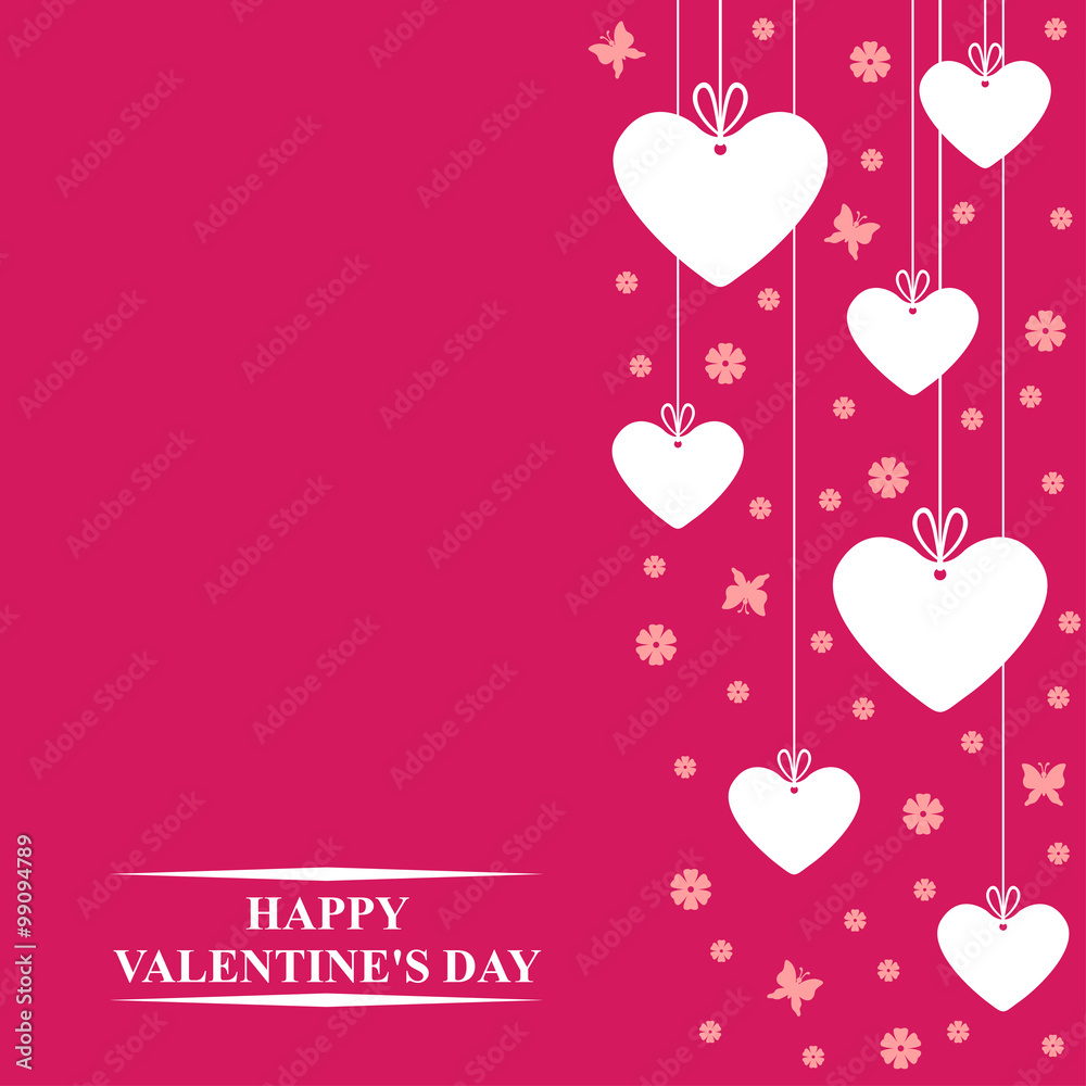 Valentines day card with hanging hearts labels on fuchsia backgr