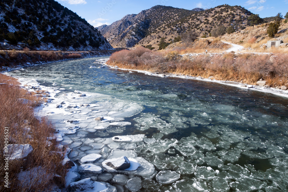 Fototapeta premium Upper Arkansas River in the Rocky Mountains of Colorado. Winter,