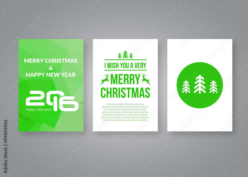 Happy new year 2016 and Merry Christmas vector green modern brochure design template with numbers. Set of Postcard, invitation. Vector illustration.