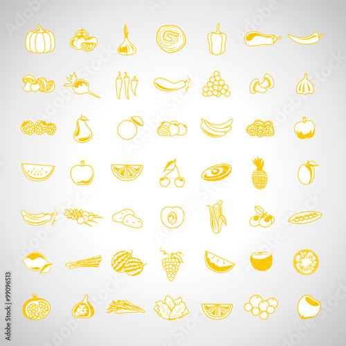 Thin Line Fruits And Vegetables Icons Set - Isolated On Background - Vector Illustration,Graphic Design. For Web, Websites, Print, Presentation Templates, Mobile Applications And Promotional Materials