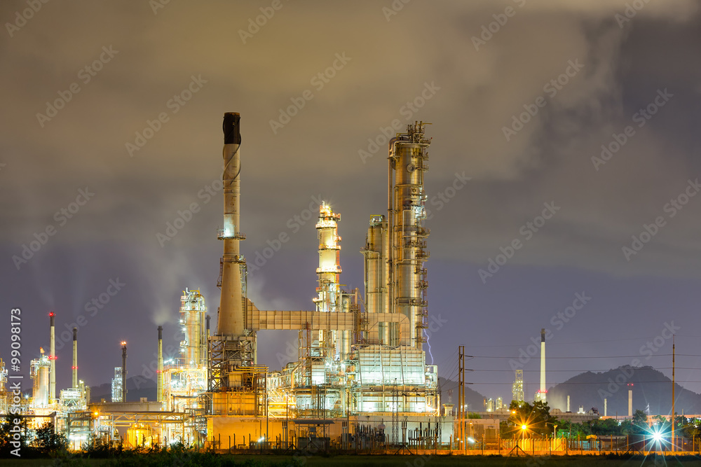 Obraz premium Oil gas refinery plant. May called petroleum, production or petrochemical plant. Industrial factory construction from engineering technology with steel pipe, pipeline, tank. Business for power energy.