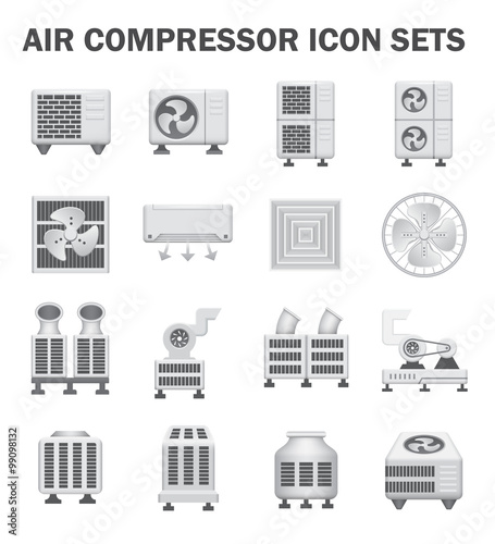 Air conditioner icon i.e. air compressor, condenser unit, ventilation, duct, cooling tower and chiller. That is a part of HVAC system to remove heat and moisture, temperature and humidity control.