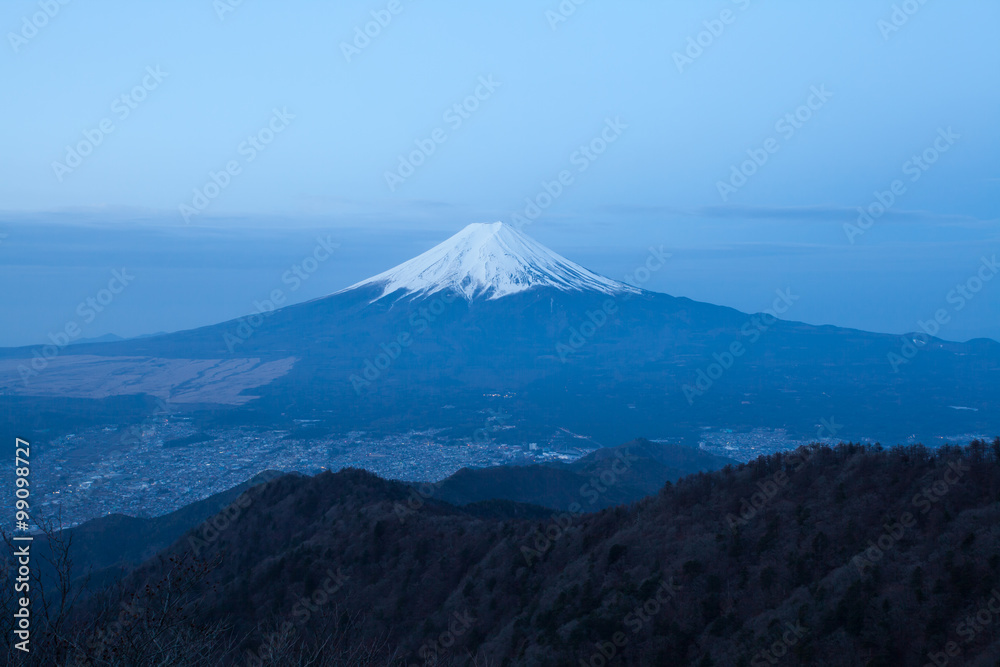 Mountain Fuji and Fujiyoshi town in spring season seen from Mountain Mitsutoge