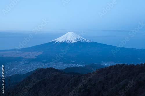 Mountain Fuji and Fujiyoshi town in spring season seen from Mountain Mitsutoge