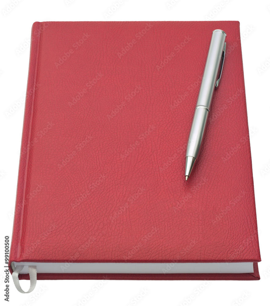 Red notebook and pen isolated on white background without shadows.
