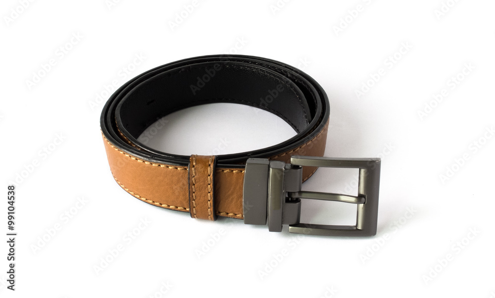 Used Brown Leather Men Belt on White Background Used Brown Leather Men Belt on White Background