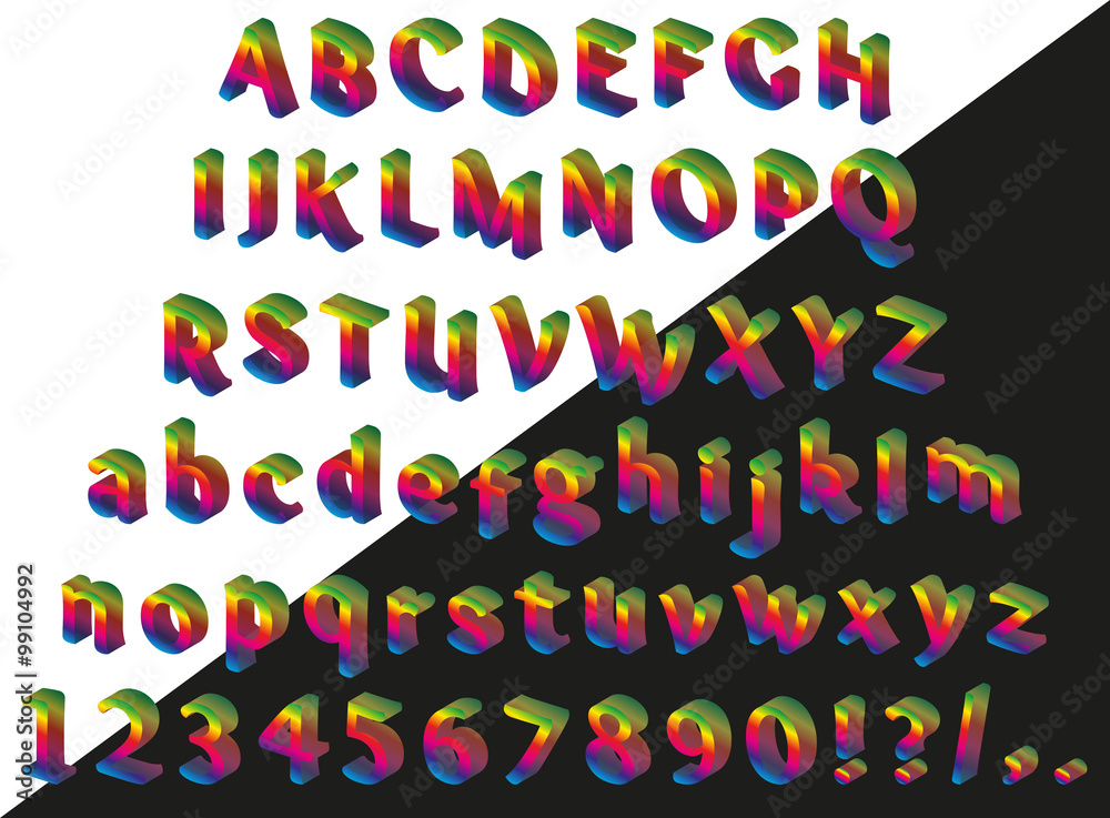 Rainbow isometric font on black background. Alphabet, numbers and punctuation marks. Vector illustration