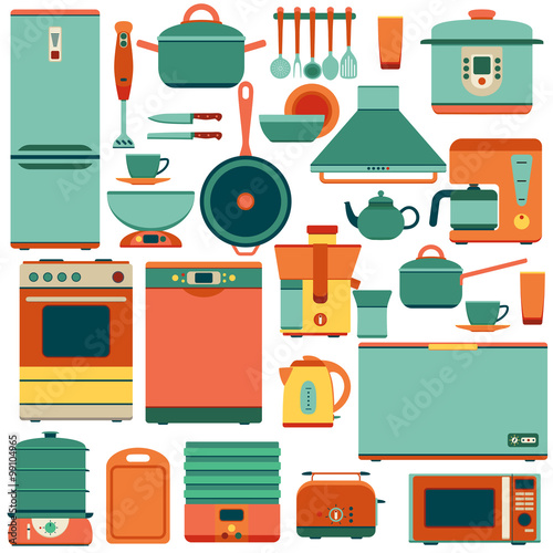 Set of kitchen appliances and accessories in flat style. Oven and saucepan, fridge and teapot, stove and kettle.  Isolated on the white.  Turquoise, orange, red colors. Vector illustration. 