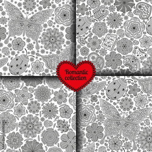 Set of seamless patterns with flowers, ladybugs and butterflies, hearts, cards, bear, gift, and key. Romantic floral backgrounds. Black and white colors. Detailed vector illustration. 