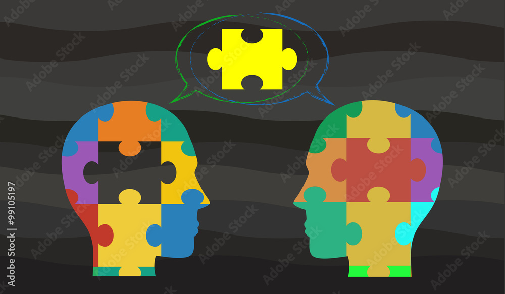 Vector concept indicating the idea of brainstorming through two heads made of jigsaw pieces