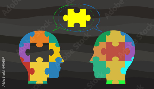 Vector concept indicating the idea of brainstorming through two heads made of jigsaw pieces