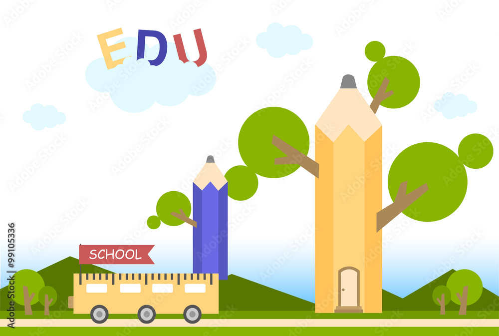 education flat background with tree pencil and school bus