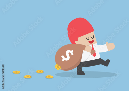 Businessman losing his money from leak bag