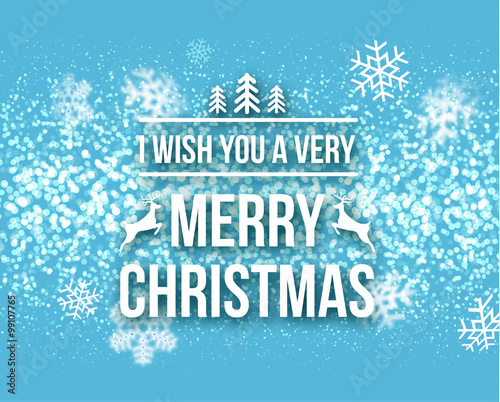 Merry Christmas Retro Design Typography Lettering Greeting Card with Falling Snowflakes and Xmas Tree Background. Happy New Year template on Blue. Horizontal Vector illustration.