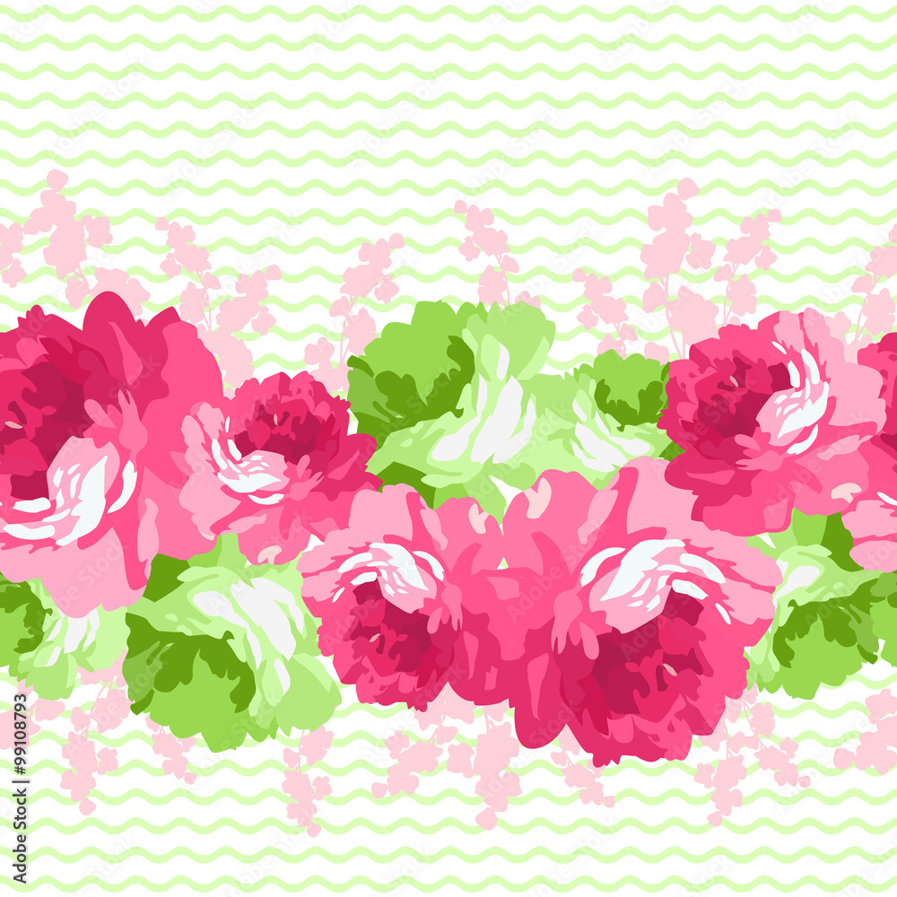 Seamless floral border with pink roses