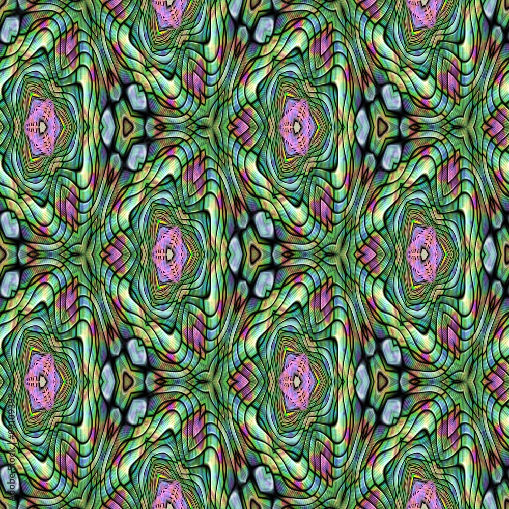 Seamless pattern with abstract motif like a kaleidoscope. Abstract psychedelic kaleidoscope of color in the theme.
Seamless pattern with abstract motif like a kaleidoscope. Abstract psychedelic kaleidoscope of color in the theme.