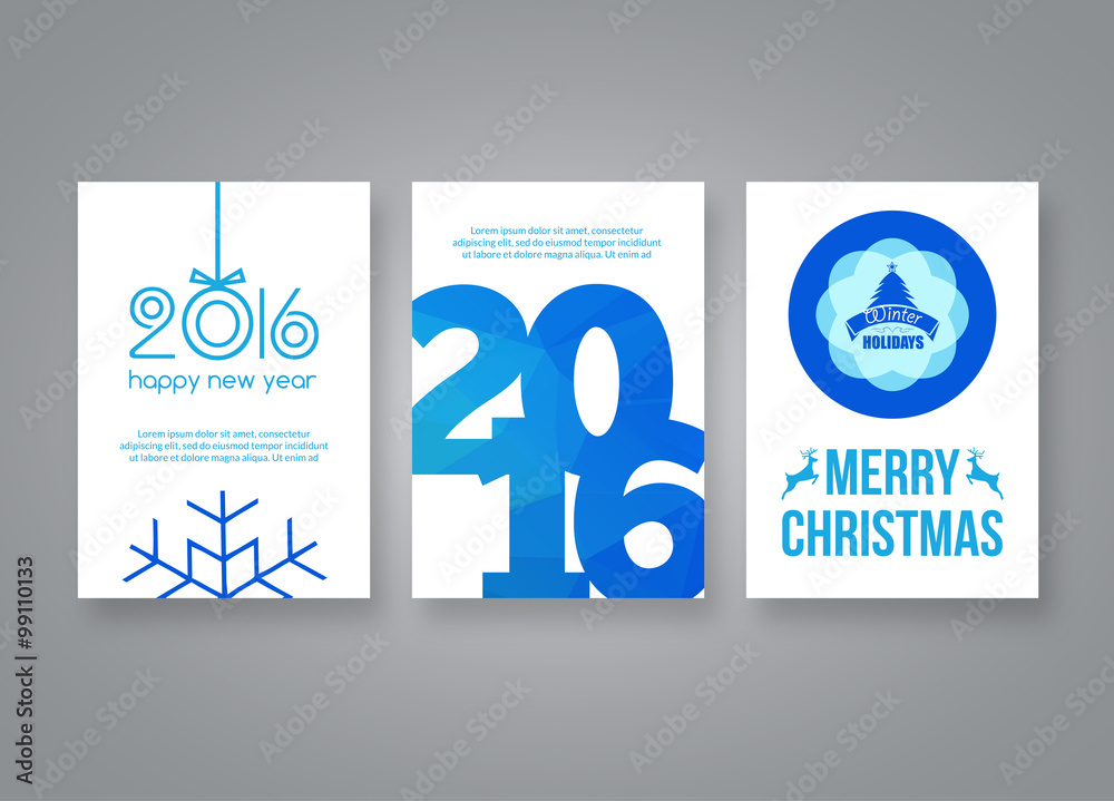 Plakat Happy new year 2016 and Merry Christmas vector blue modern brochure design template with numbers. Set of Postcard, invitation. Vector illustration.