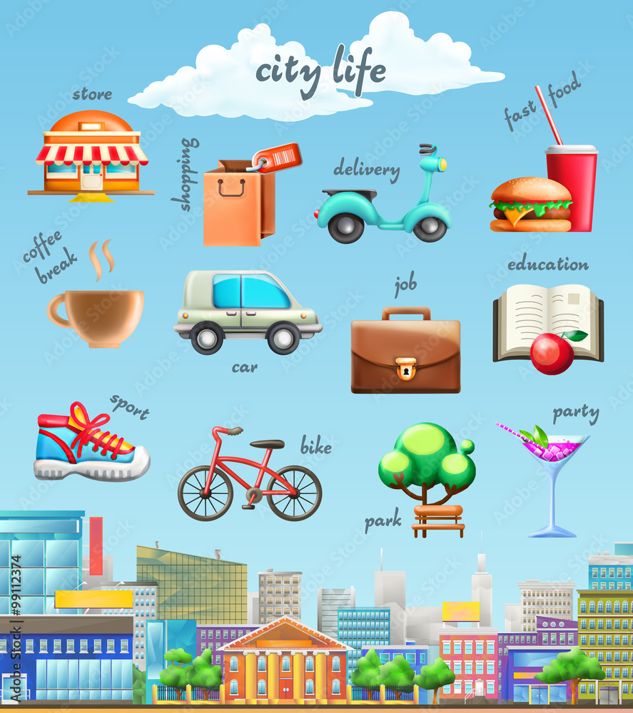 Naklejka premium City life, set of vector icons