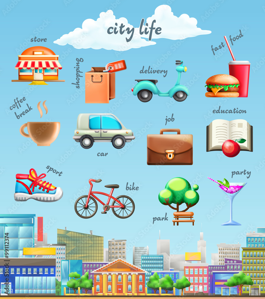 City life, set of vector icons