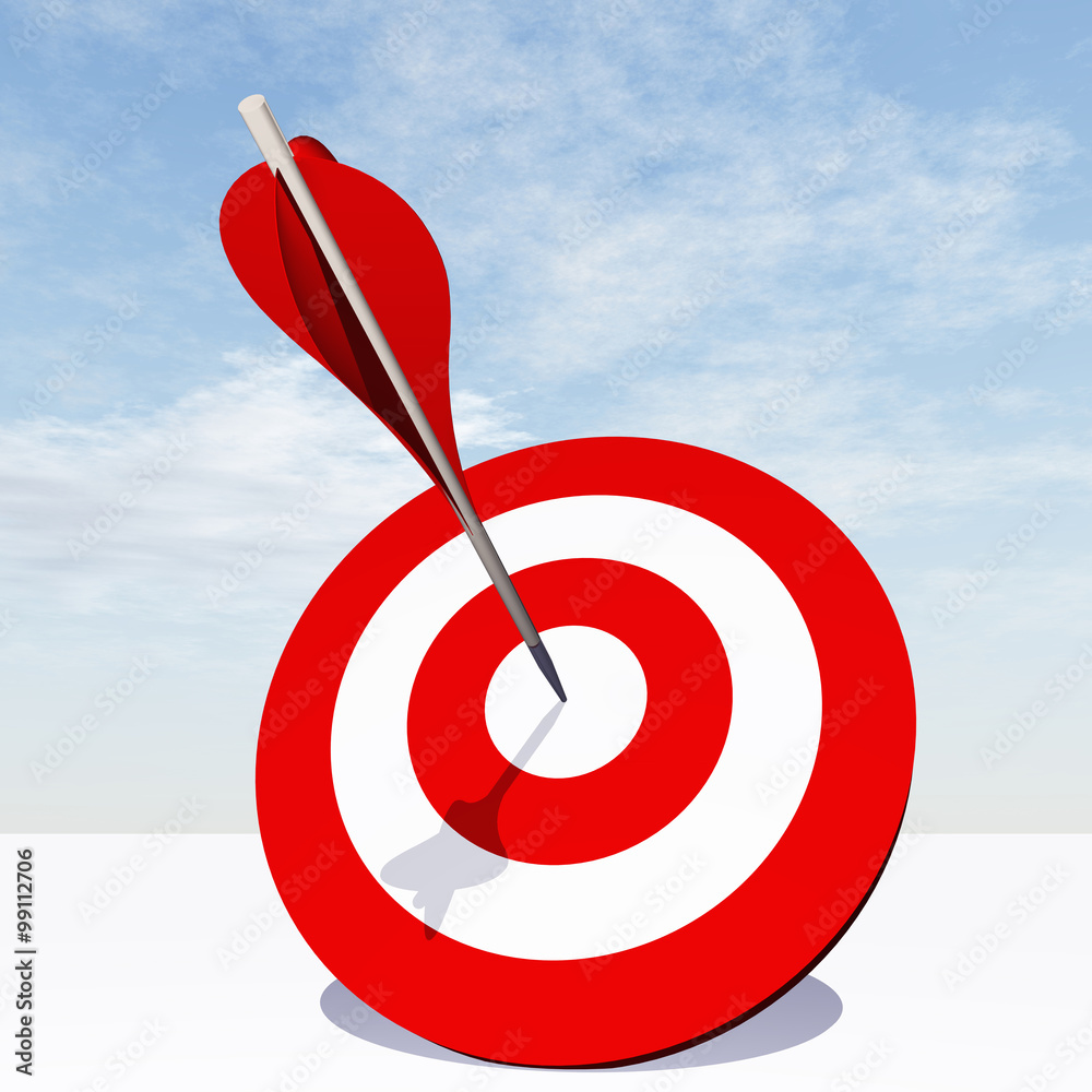 Conceptual red dart target board with arrow in the center on clouds