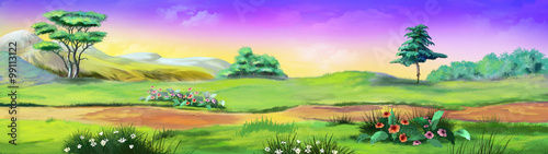 Panorama Landscape with trees and flowers. Image 01
