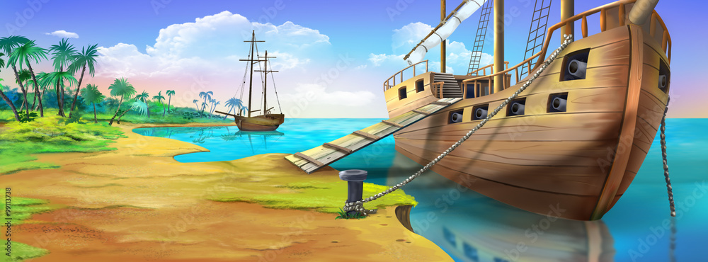 Naklejka premium Statek piracki na brzegu Wyspy Piratów. Widok panoramiczny
