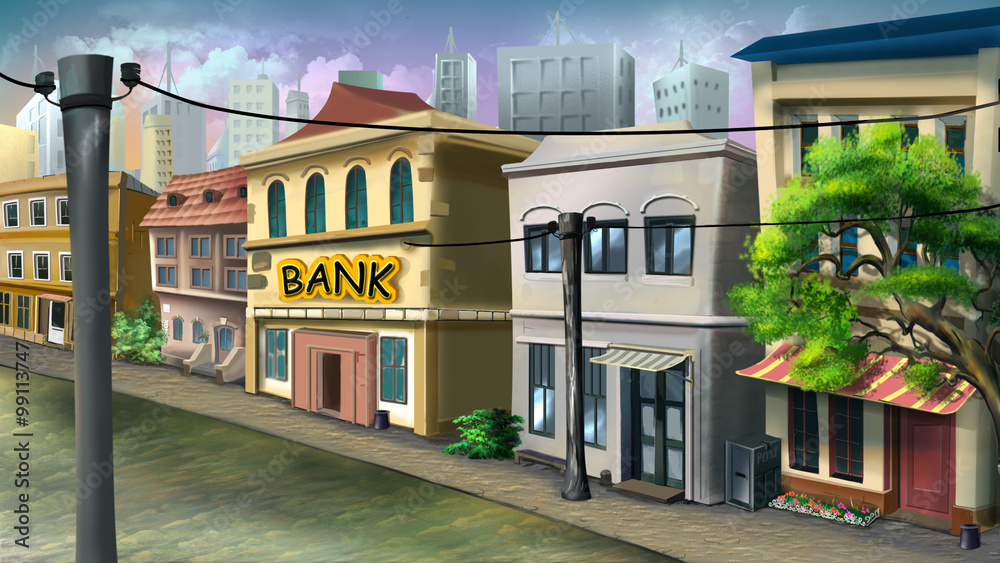 A small bank on the city street.