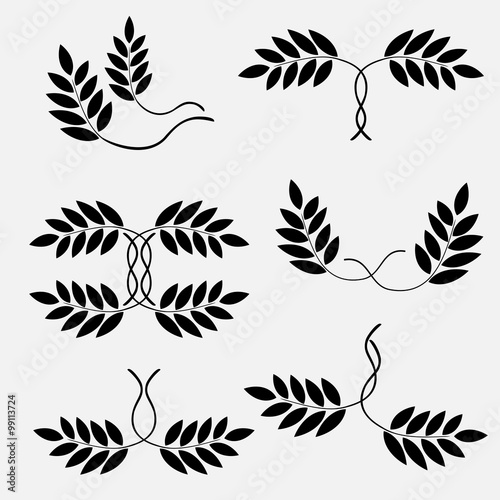 Laurel wreath tattoo set. Couple sign icon. Floral abstract sex composition of lesbian. Black ornaments  signs on white background. Victory  glory  freedom symbol. Vector