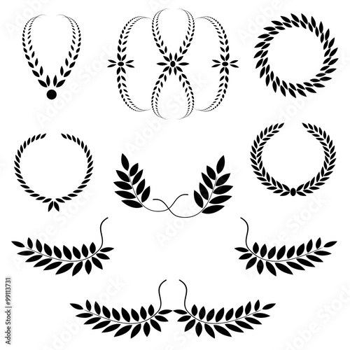 Laurel wreath tattoo set. Black ornaments, nine signs on white background. Victory, peace, glory symbol. Vector