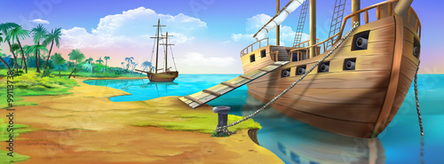 Photo Pirate ship on the shore of the Pirate Island. Panorama view.
