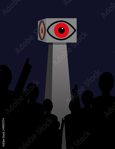 Big Brother or government surveillance concept with a crowd of people in silhouette standing and pointing up at a tower surmounted by a revolving eye motif