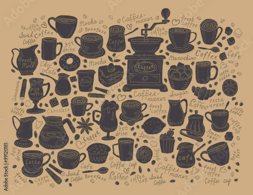 Coffee and Tea set items. Doodle. Vector illustration