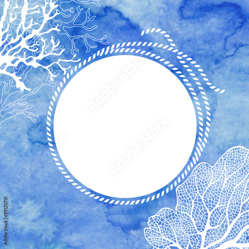 Frame with rope and marine plants on blue watercolor background.