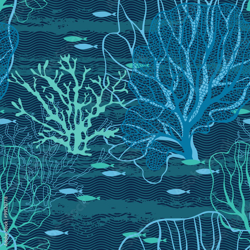 Undersea world. Seamless vector pattern with sea plants and fish