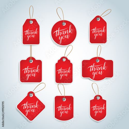 Thank you red  tags, badges, cards set. Isolated vector illustrations.