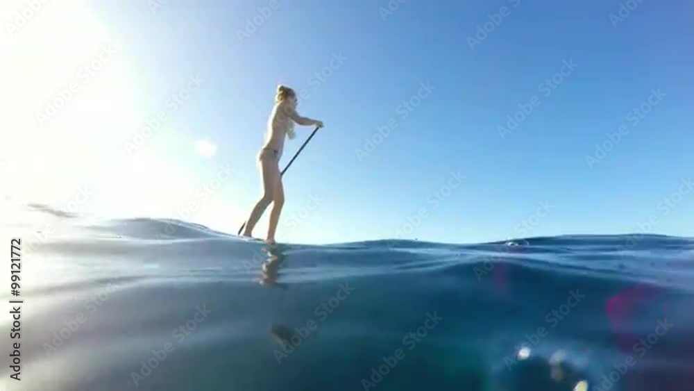 Young Attractive Woman Stand Up Paddle Boarding in Blue Ocean Young Attractive Woman Stand Up Paddle Boarding in Blue Ocean