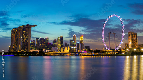 Singapore skyline at Marina Bay.Twilight time.Long exposure photography. Panoramic image.
