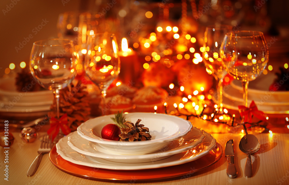 Christmas table setting with holiday decorations