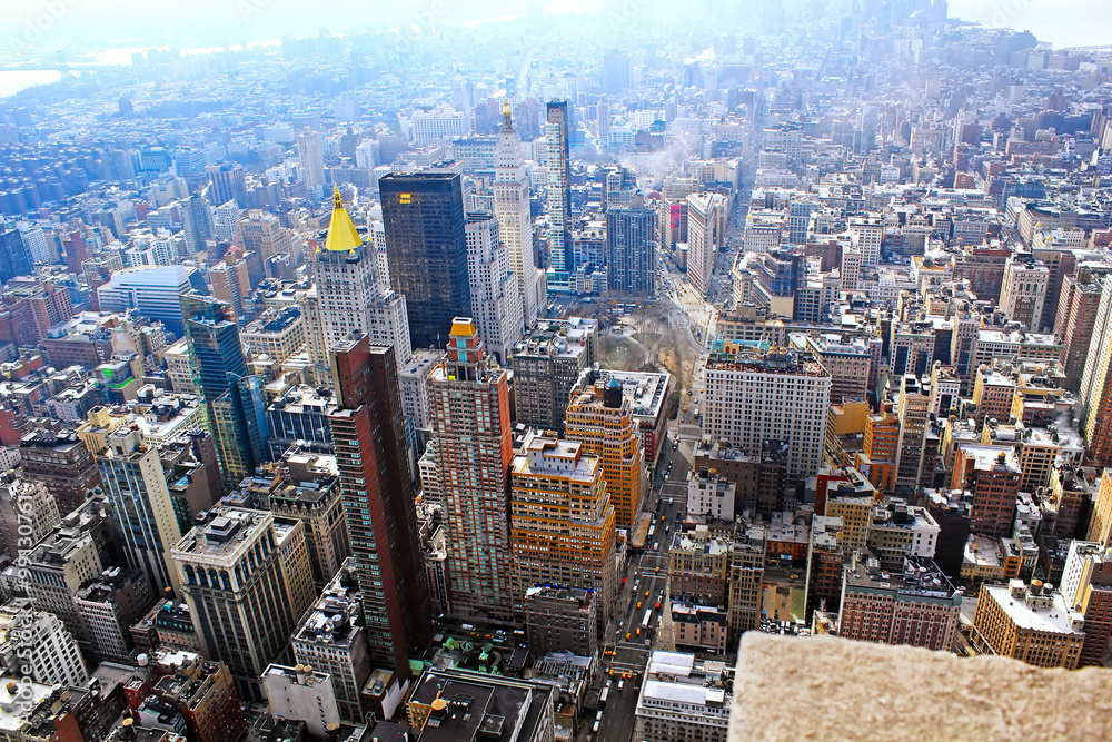 Obraz premium Widok na panoramę Manhattanu o zachodzie słońca, Nowy Jork