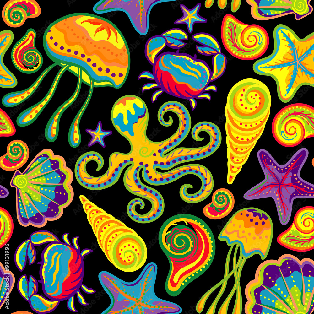 Vector seamless pattern of sea life, fishes, whale, corals and plants in bright colors. Use for wallpaper, fills, background. Vector seamless pattern of sea life, fishes, whale, corals and plants in bright colors. Use for wallpaper, fills, background.