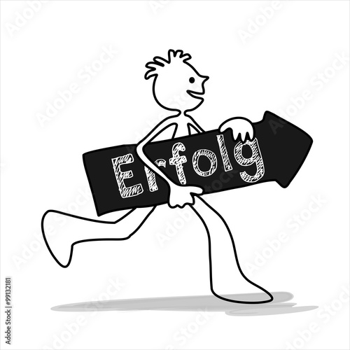 Erfolg - schwarz weiß Grafik - Mensch mit großem Pfeil, Schild, Banner läuft zum Ziel und gewinnt