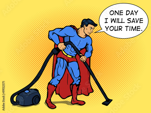 Superhero man with vacuum cleaner pop art vector
