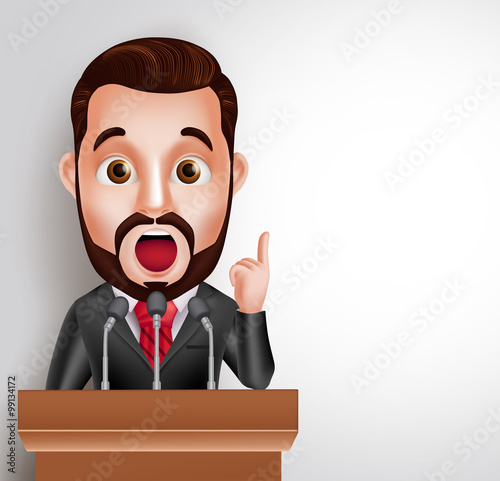 3D Vector Character Speaker in Conference or Having Debate Talking in Microphone. Vector Illustration
