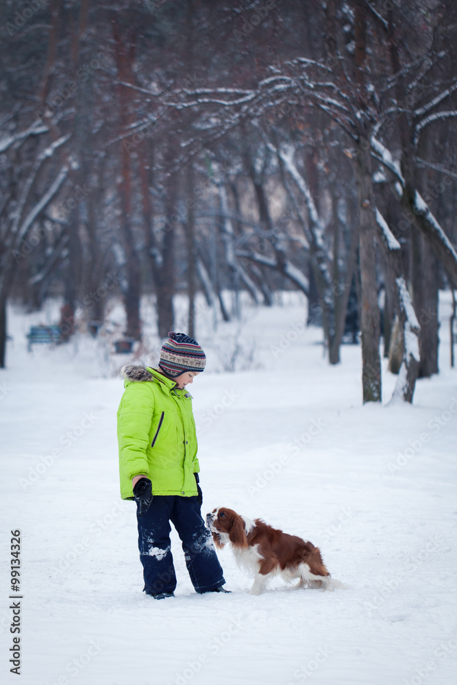 happy kid playing with dog outdoors in winter day