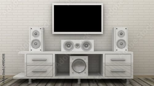 Empty LED TV on television shelf with home theater, cynema sound speker system in modern, classic interior background with white decorative paint wall and concrete floor. Copy space image. 3d render