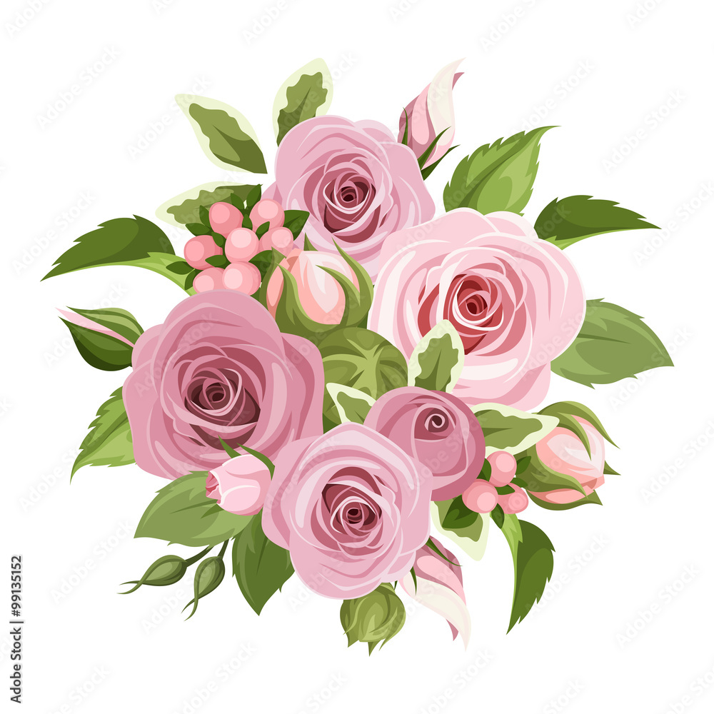 Vector bouquet of pink roses, buds and green leaves isolated on a white ...